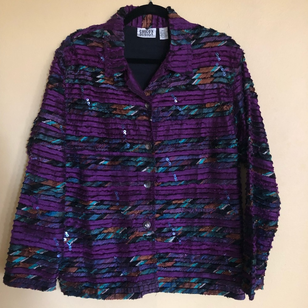 Chico’s 100% silk beaded shirt jacket